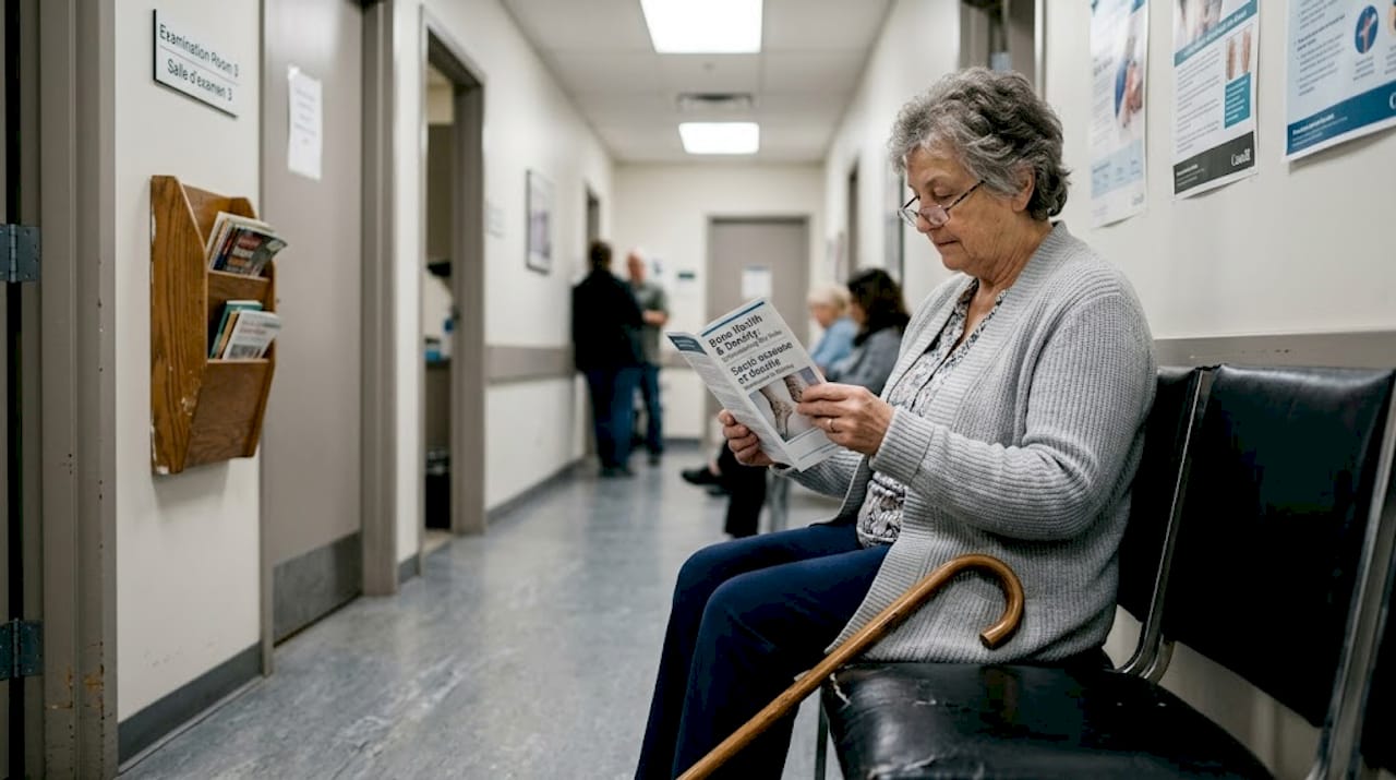 Woman reads pamphlet in clinic waiting area