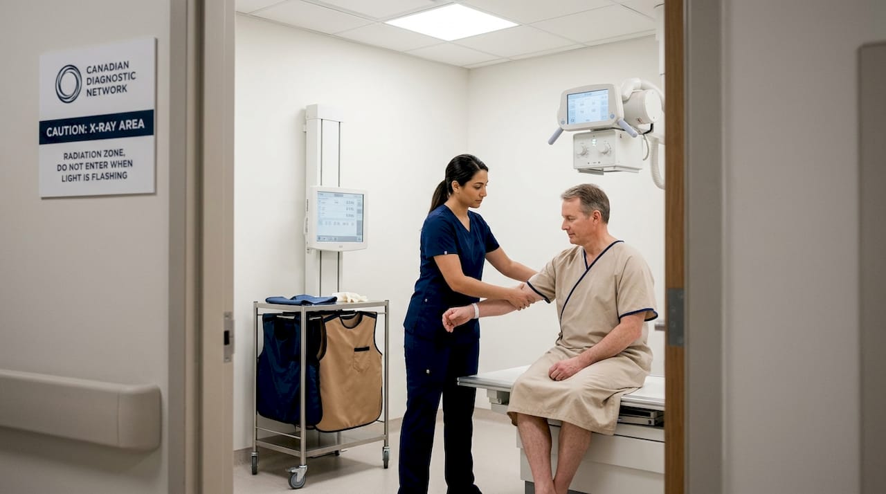 Technologist preparing patient for X-ray exam