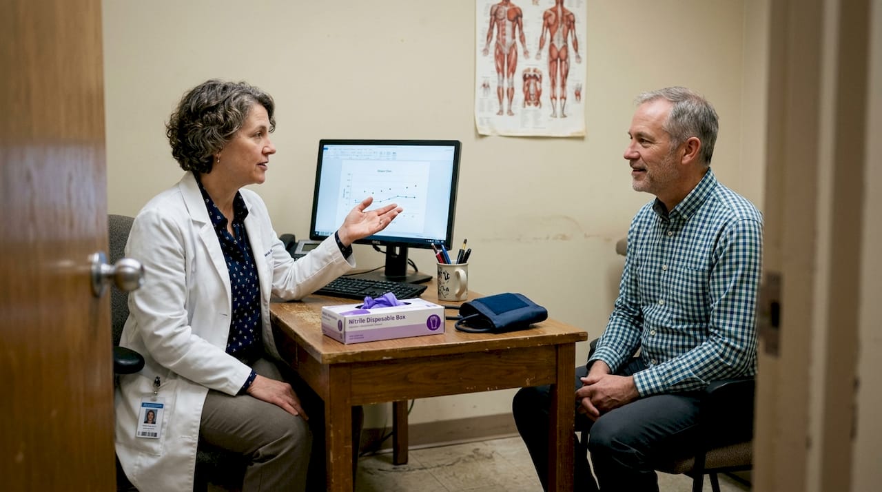 Doctor discussing screening with patient in clinic