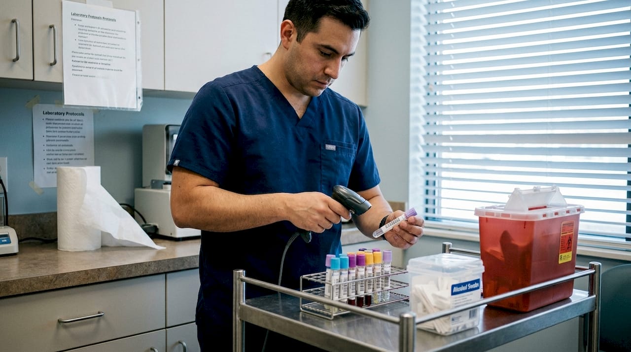 Nurse preparing blood test for health screening