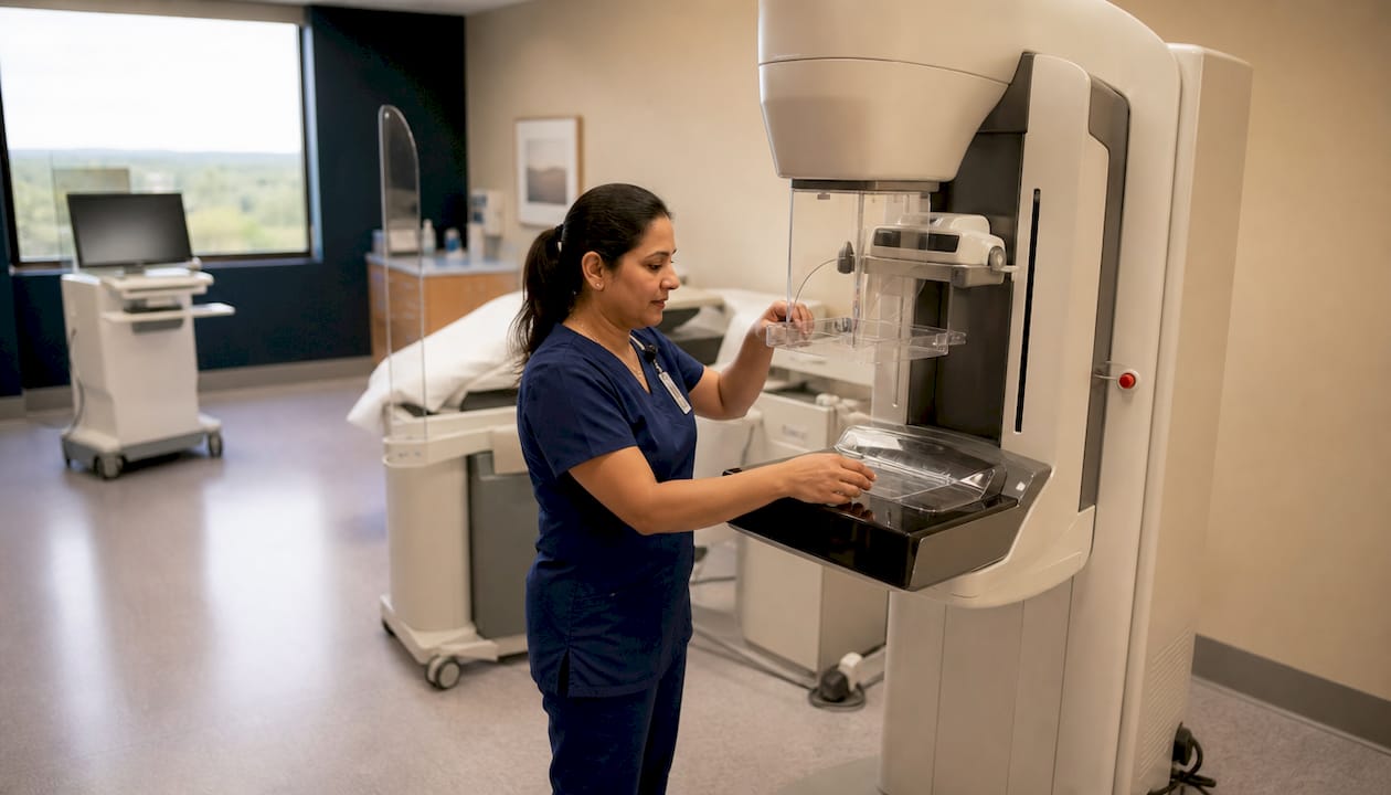 Technologist adjusting mammography machine