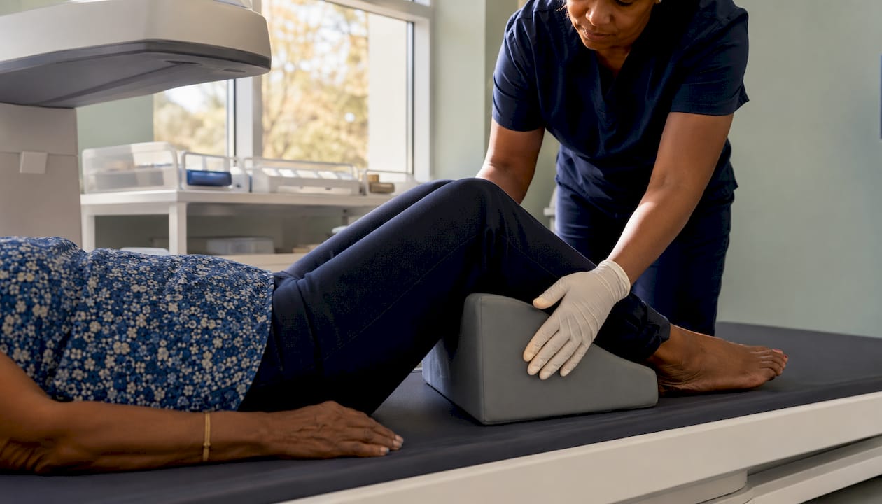 Technician positioning patient for DXA scan