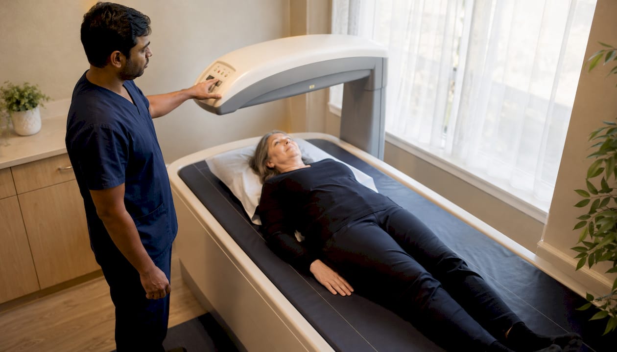 Patient undergoing DXA scan with technologist