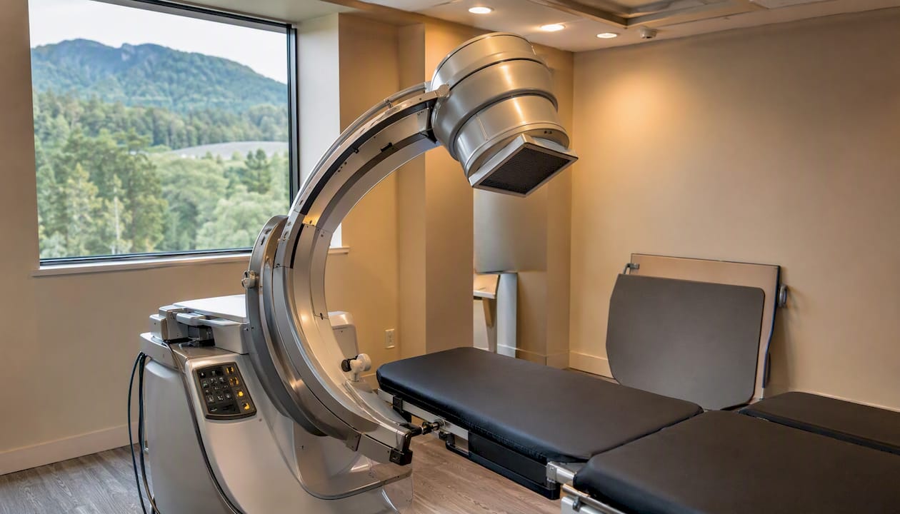 Close-up of fluoroscopy C-arm X-ray device