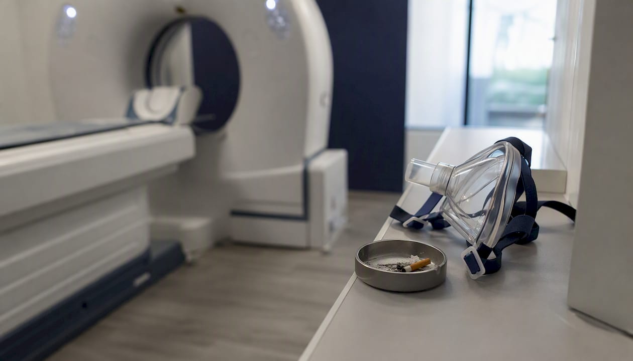 CT scanner with respiratory mask and cigarette stub