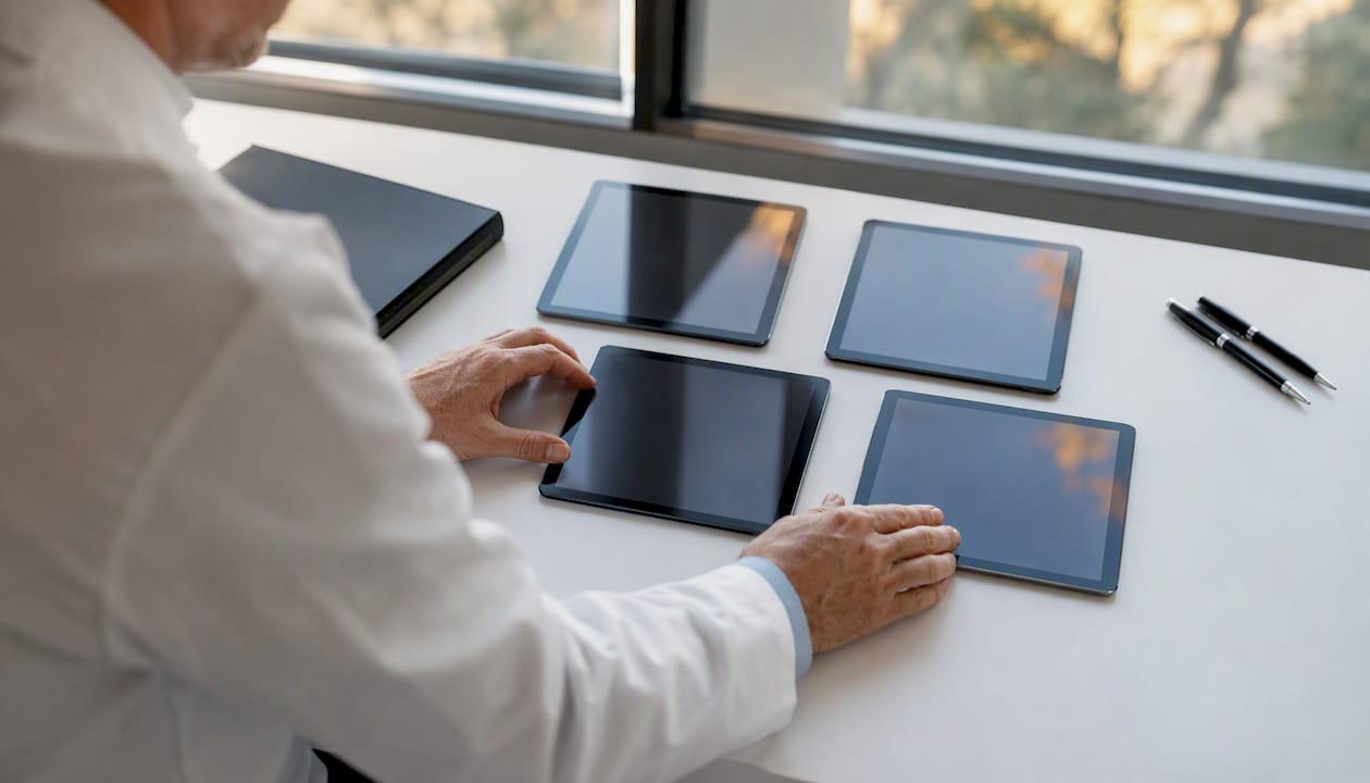 Hands arranging tumor stage survival charts