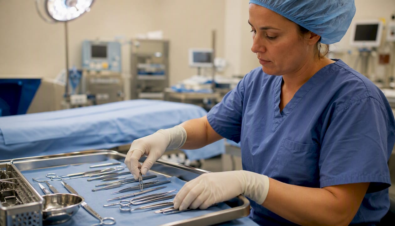 Gloved hands selecting surgical tools on tray