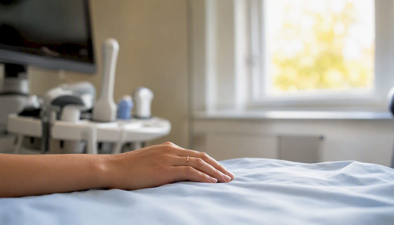 Patient hand resting calmly on exam bed sheet