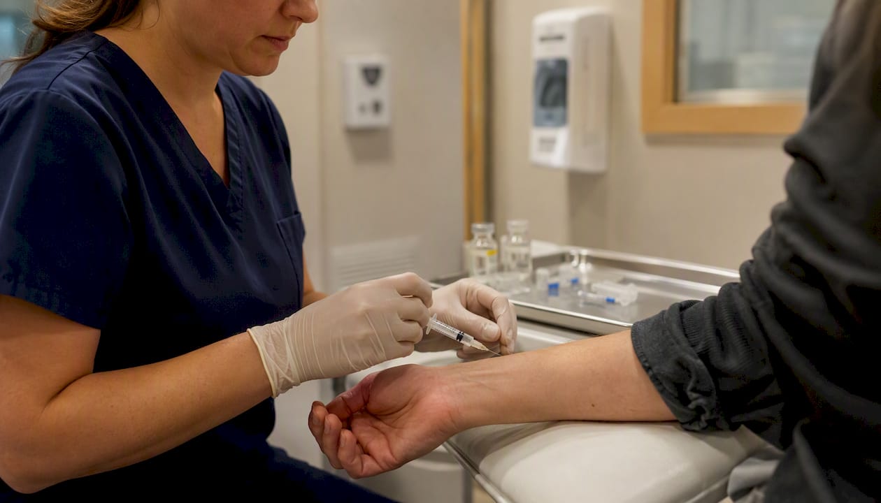 Injection of radioactive iodine tracer on patient arm