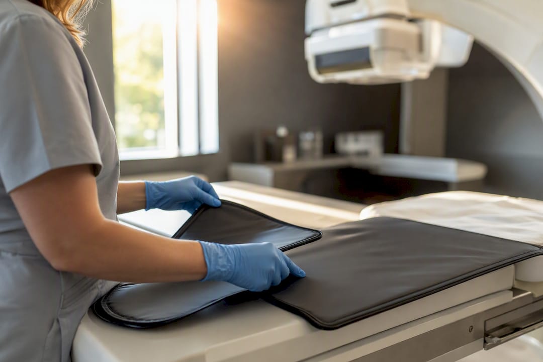 Hands holding lead shield for X-ray safety