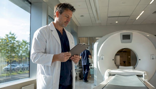 Doctor reviewing CT scan in emergency room