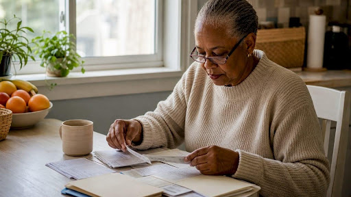 Elderly woman organizing health documents at home