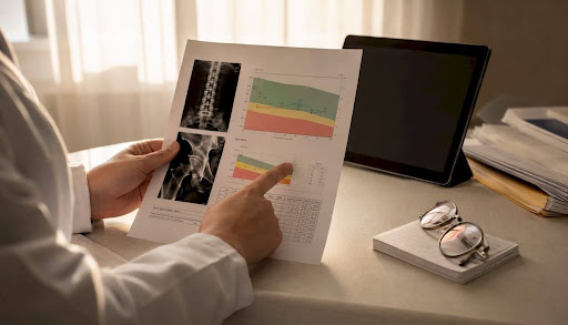 Hands reviewing DEXA scan results report