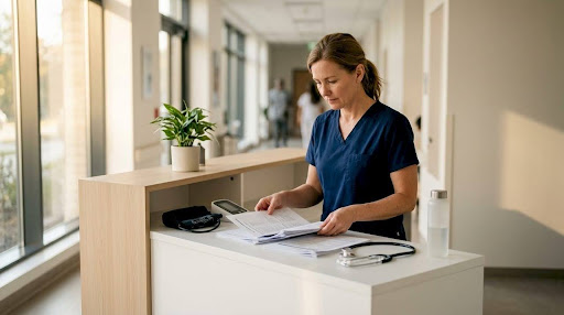 Healthcare worker organizing health screening checklists