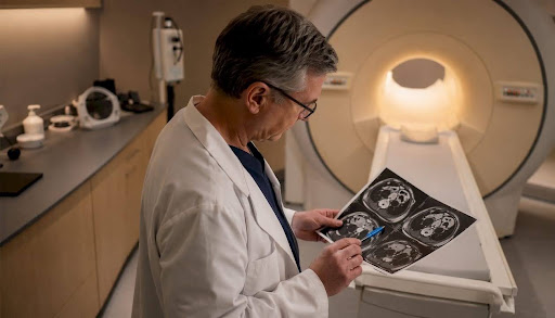 Medical physicist reviewing MRI images near MRI machine