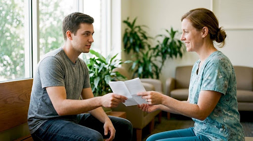 Nurse practitioner giving referral to patient