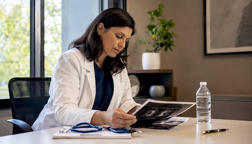 Oncologist reviewing imaging scans at desk