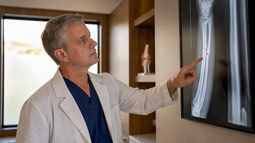 Orthopedic surgeon reviewing fracture X-ray image
