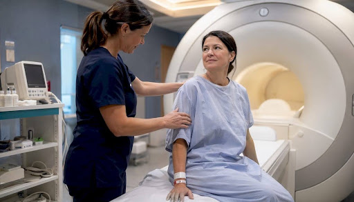 Patient preparing for MRI scan in hospital room