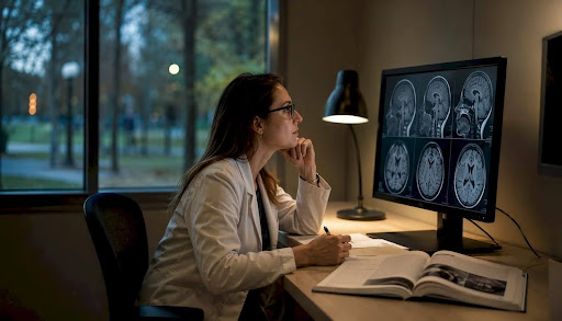 Radiologist analyzing MRI scans at workstation