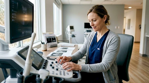 Radiologist operating MRI machine in hospital control room