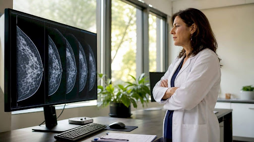 Radiologist reviewing 3D layered breast images on monitor