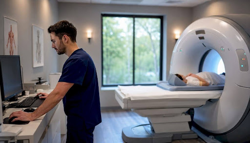 Radiologist's hands operating CT scan console