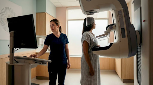 Radiology technician positioning patient for 3D mammogram