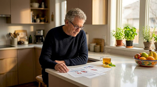 Senior man reviewing cardiovascular screening results at home