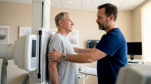 Technician adjusting X-ray machine in hospital room