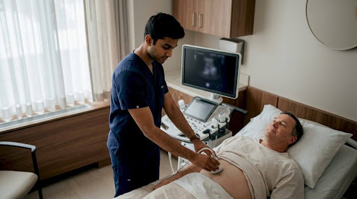 Technician performing liver ultrasound examination