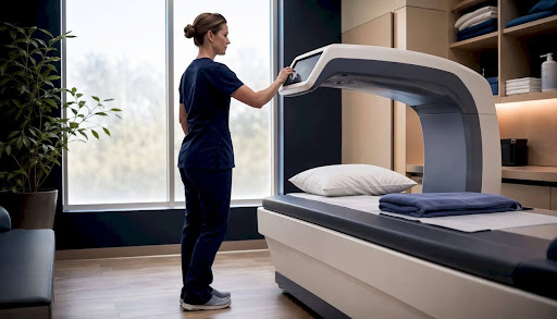 Technologist operating DEXA scanner controls