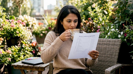 Woman reviewing health screening checklist at kitchen table